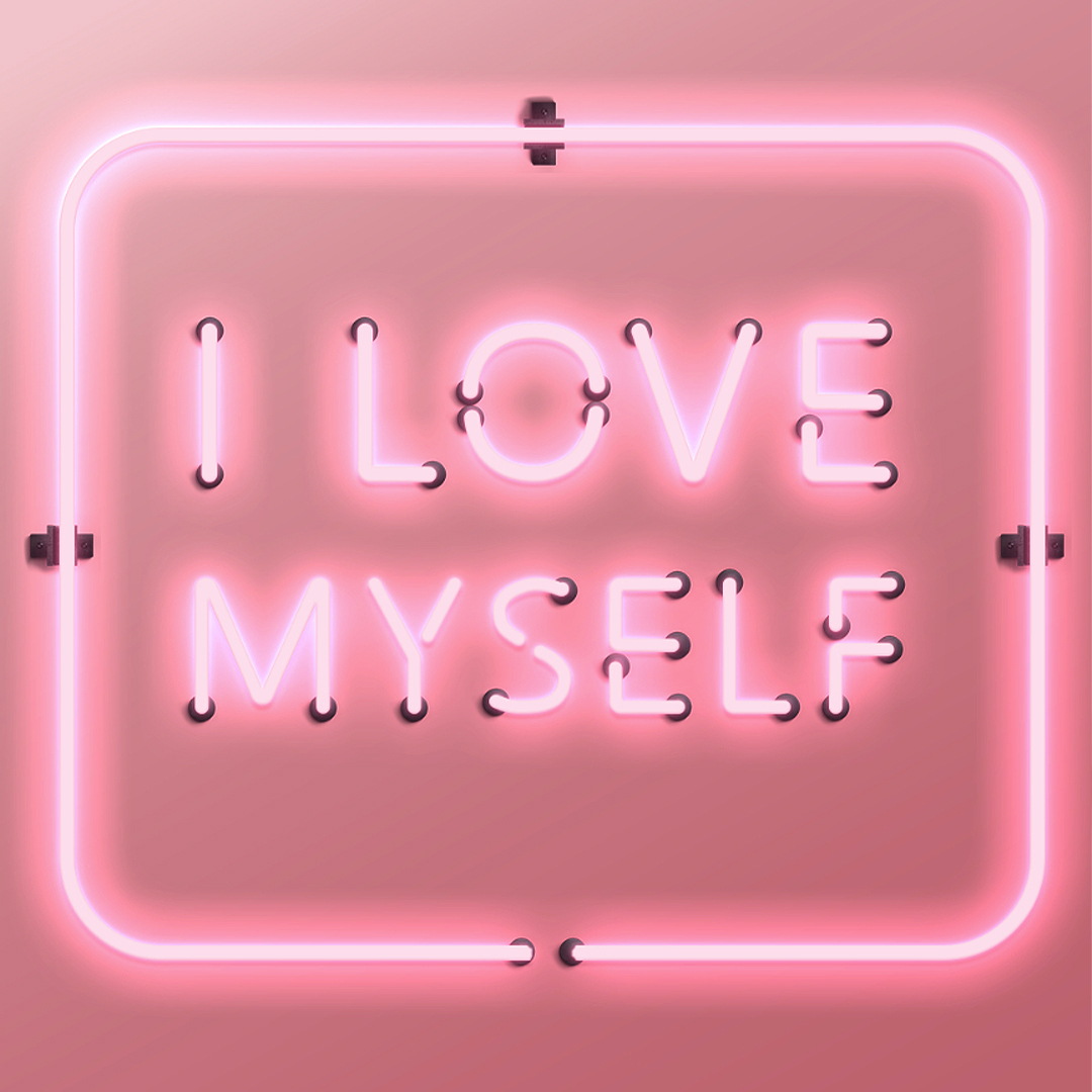 Instagram picture of the slogan "I LOVE MYSELF" with iluminated lettering on a pink wall